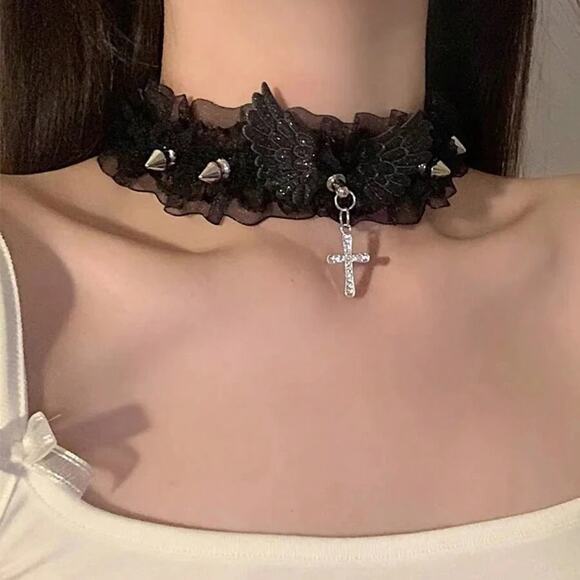 Goth Emo Punk Angel Wing Lace Lolita Choker Anime Cosplay Necklace - Picture 1 of 4